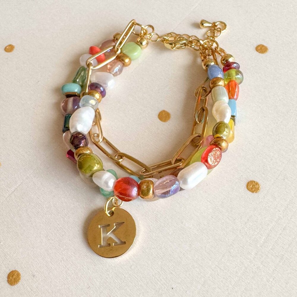 Y2K Personalized Glass Beads & Gold Paperclip Chain Bracelet